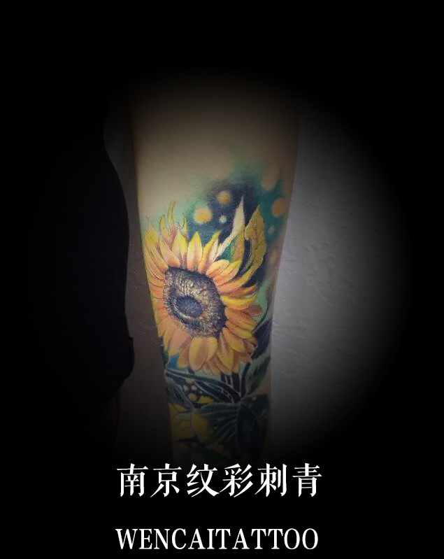 南京帅哥彭少小臂向日葵纹身图案